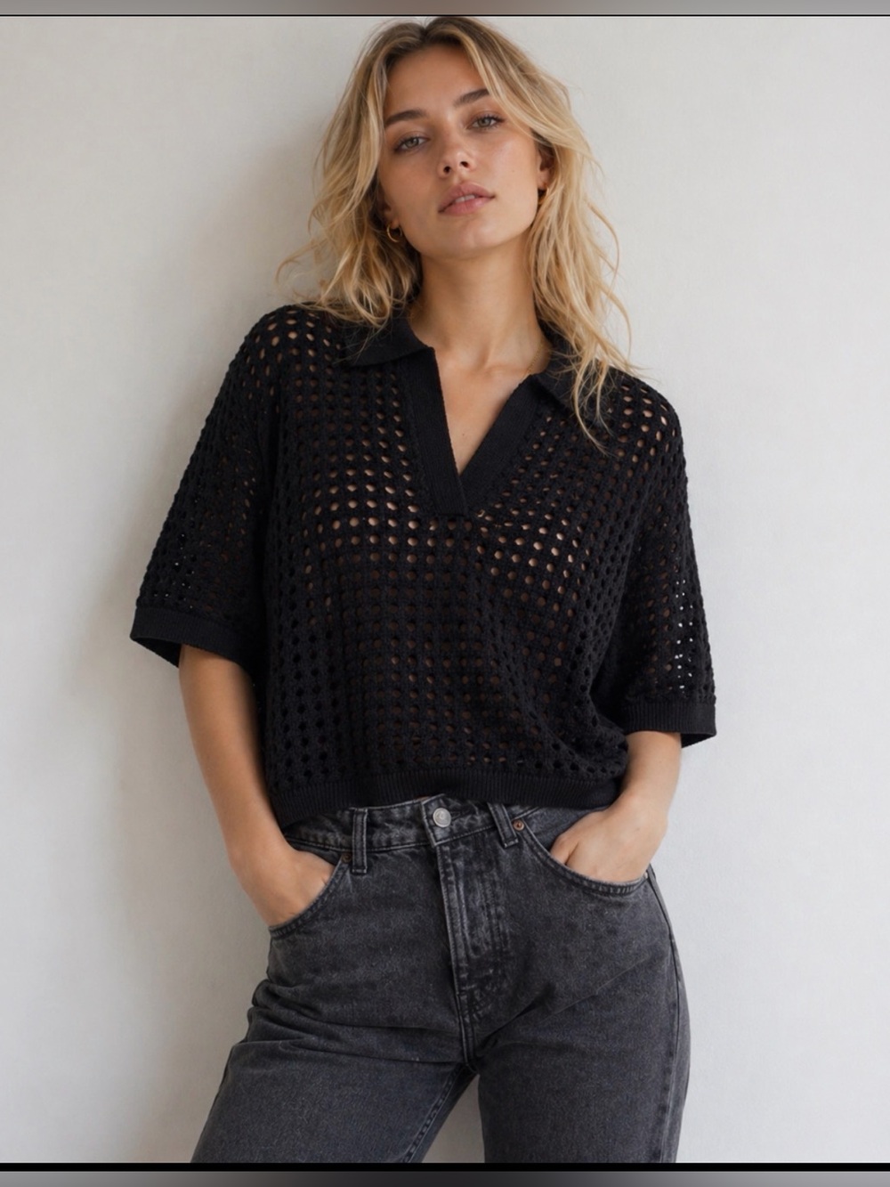H&M Pointelle knit black polo shirt top Large  worn once sold out instantly